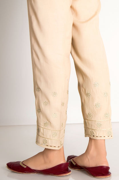 Embroidered Raw Silk Cigarette Pants  - Beige