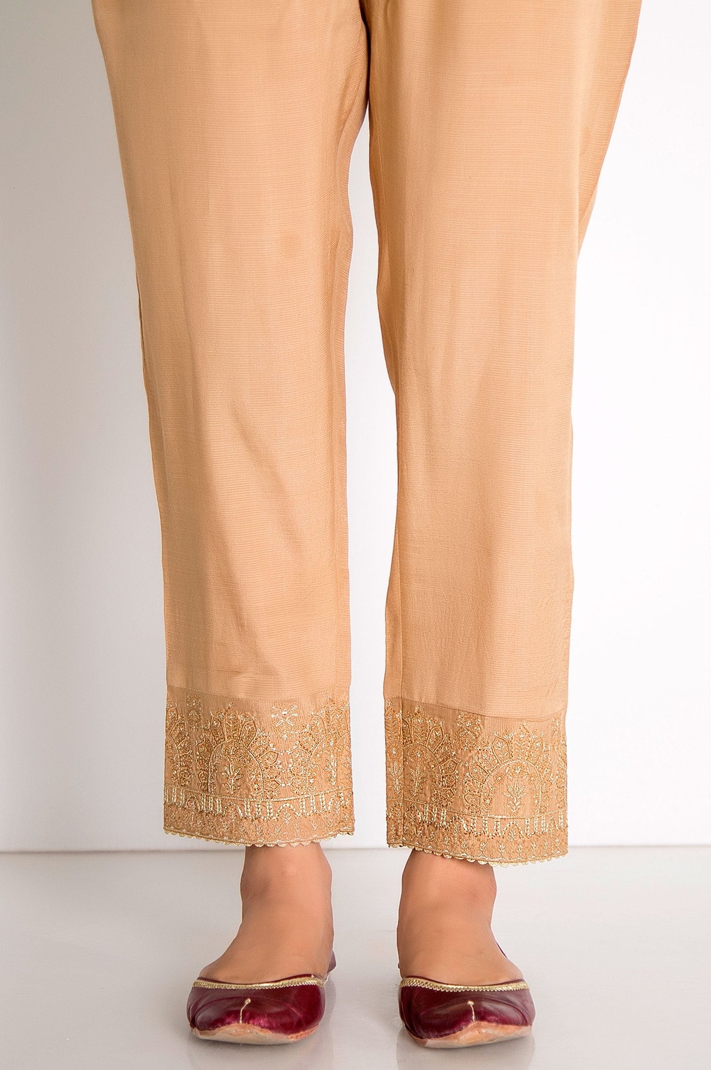 Embroidered Raw Silk Cigarette Pants  - Beige