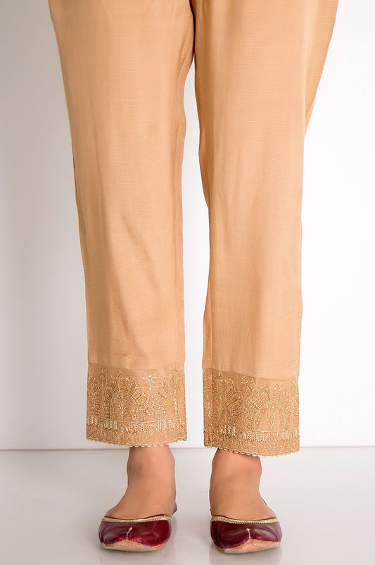Embroidered Raw Silk Cigarette Pants  - Beige