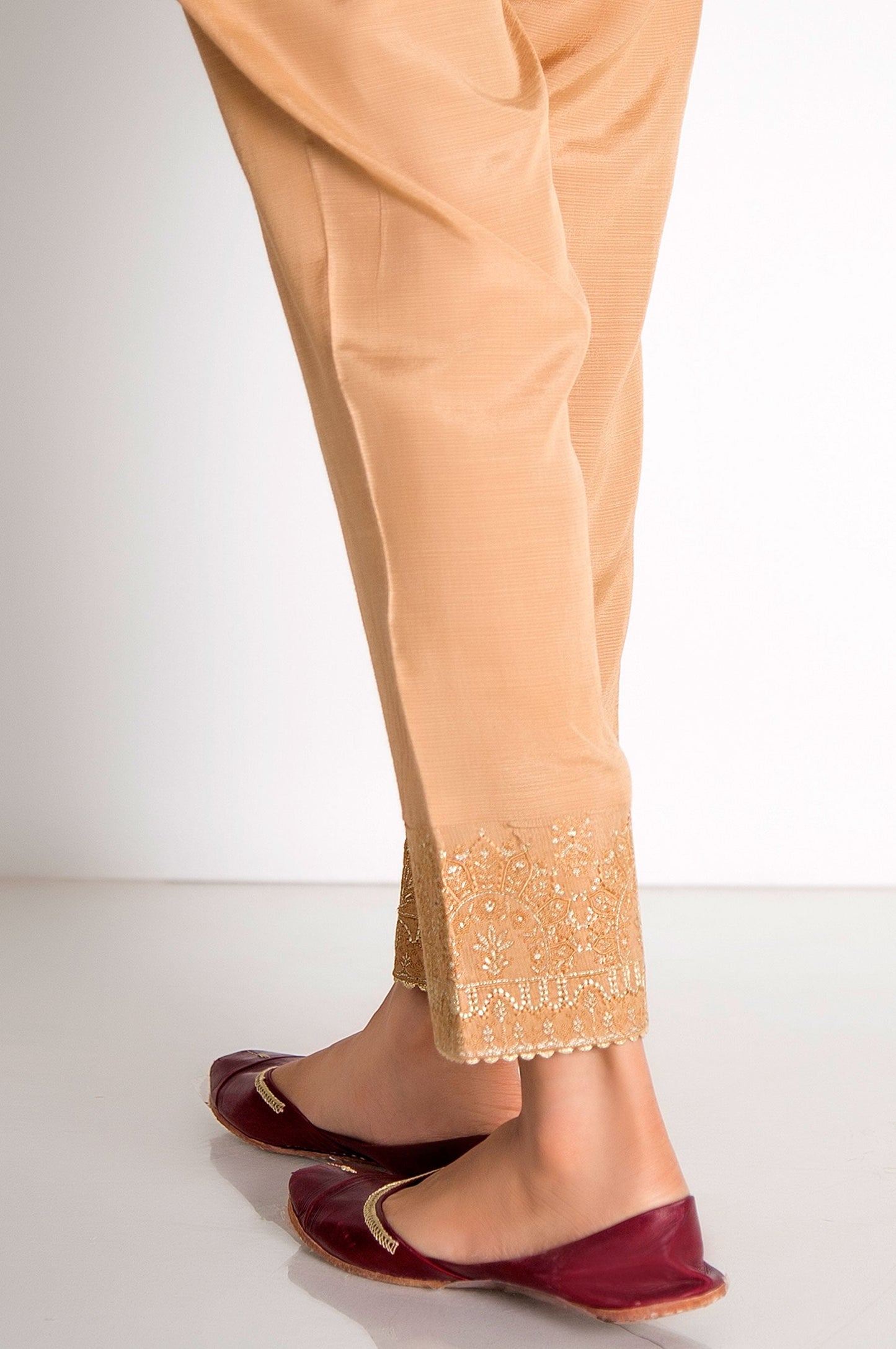 Embroidered Raw Silk Cigarette Pants  - Beige