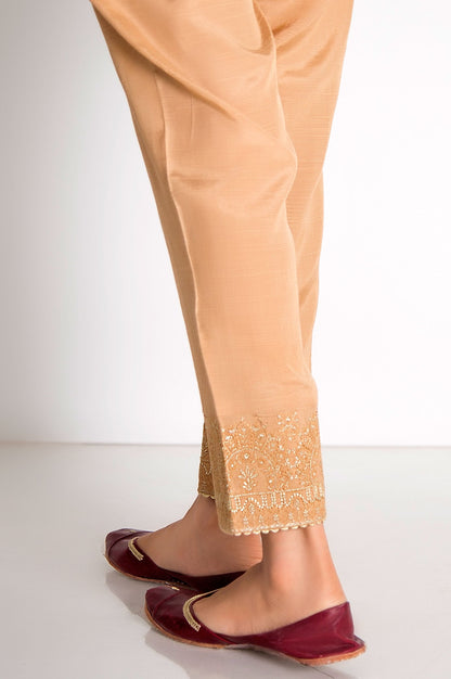 Embroidered Raw Silk Cigarette Pants  - Beige