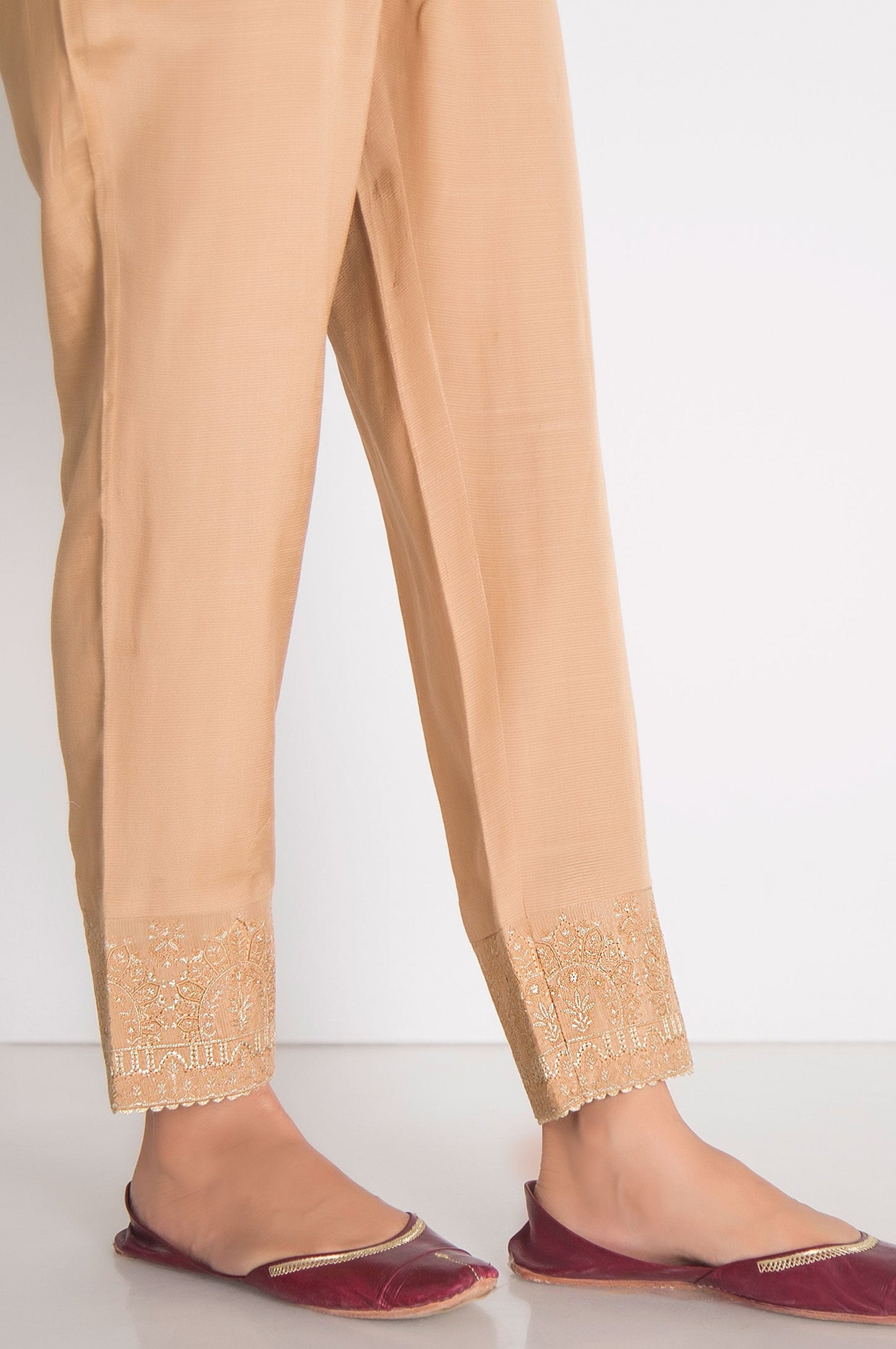 Embroidered Raw Silk Cigarette Pants  - Beige