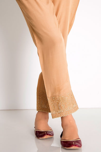 Embroidered Raw Silk Cigarette Pants  - Beige