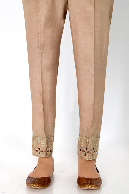 Embroidered Raw Silk Cigarette Pants  - Beige