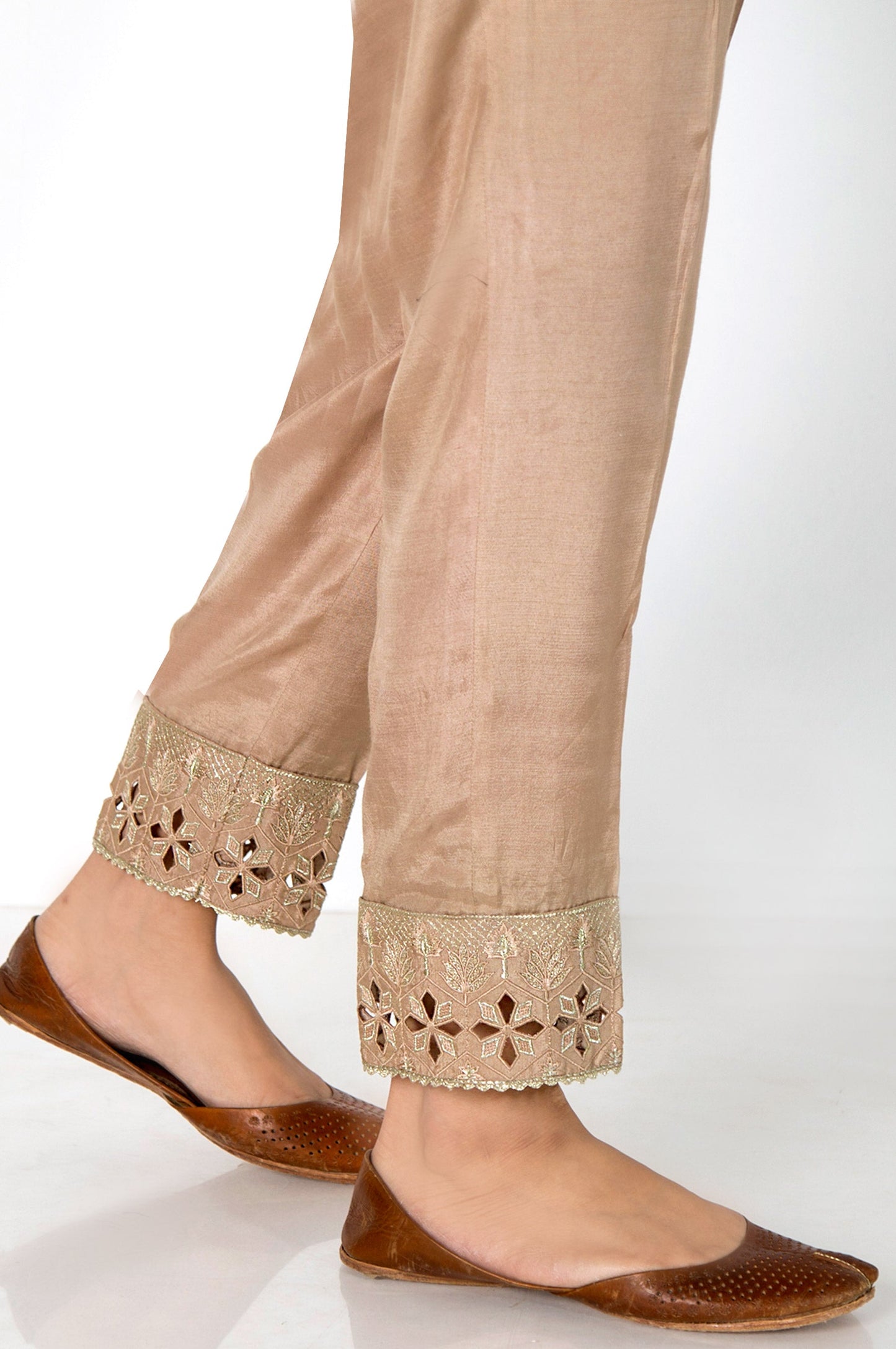Embroidered Raw Silk Cigarette Pants  - Beige