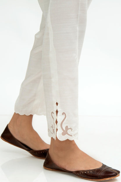 Embroidered Raw Silk Cigarette Pants  - Pearl white