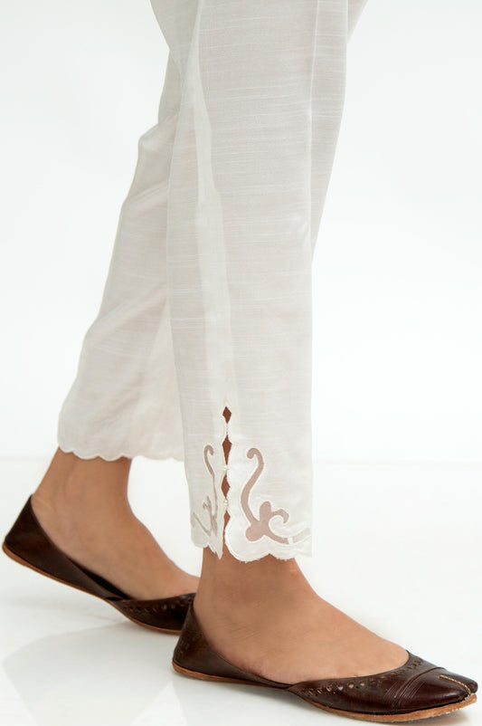 Embroidered Raw Silk Cigarette Pants  - Pearl white