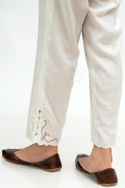 Embroidered Raw Silk Cigarette Pants  - Pearl white