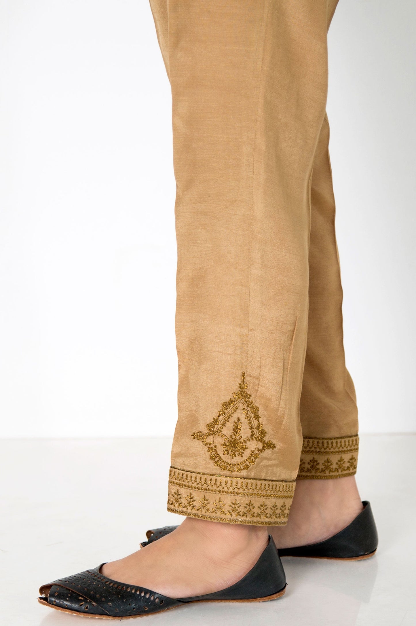 Embroidered Raw Silk Pants  - Copper