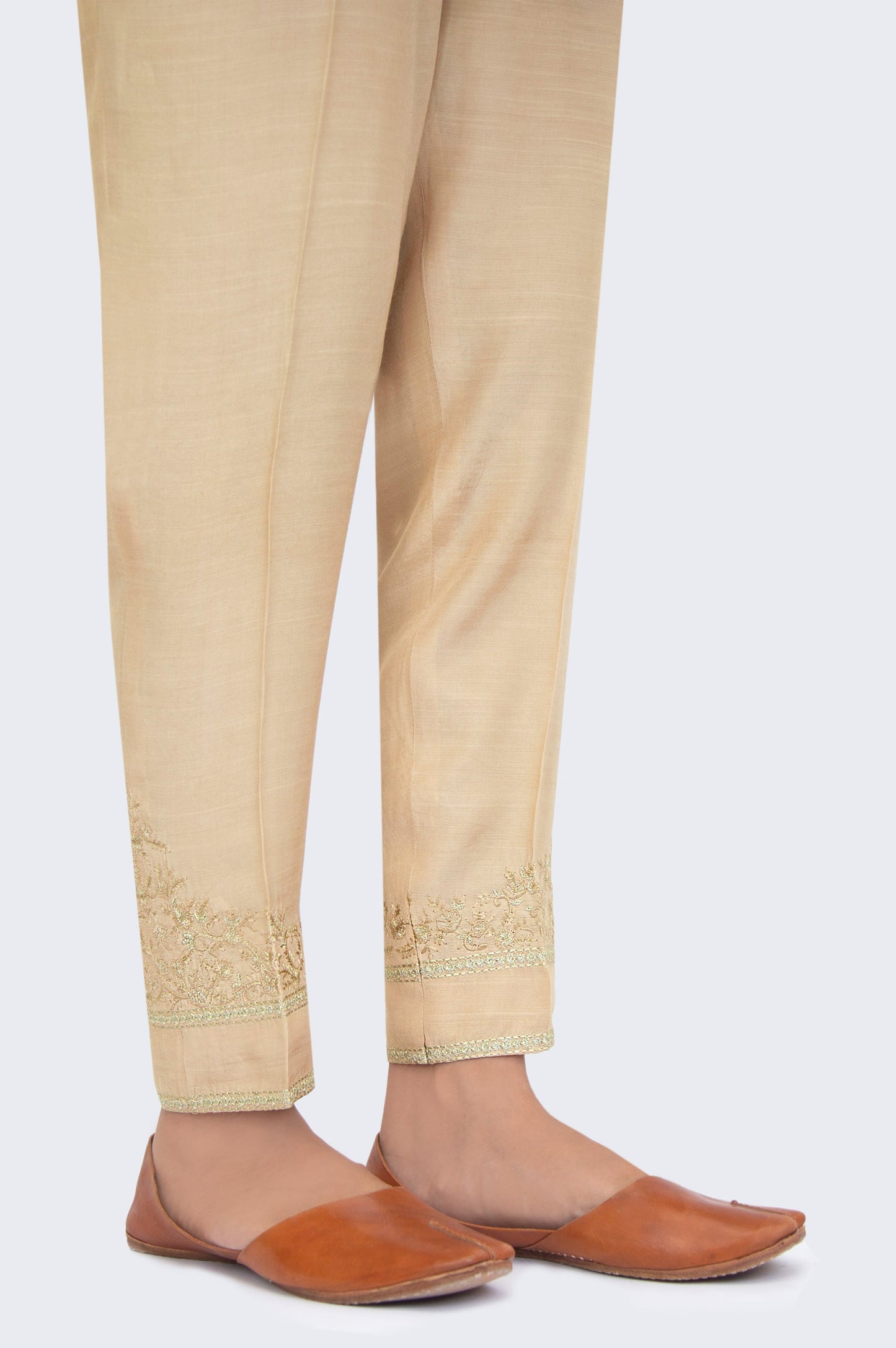 Embroidered Raw Silk Cigarette Pants - Parmezan Gold