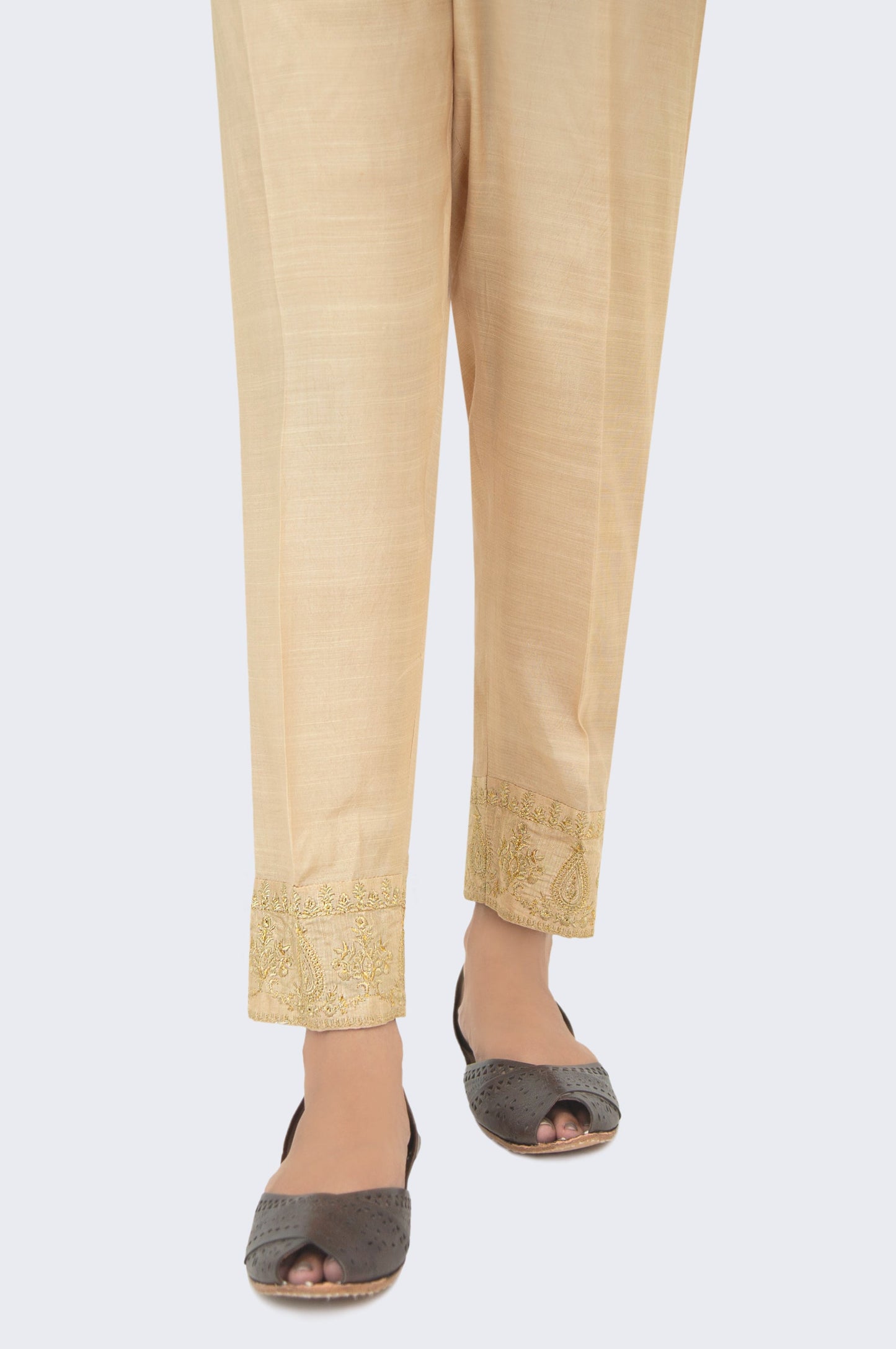 Embroidered Rawsilk Cigarette Pants - Beige