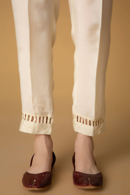 Embellished Rawsilk Cigarette Pants- Off White