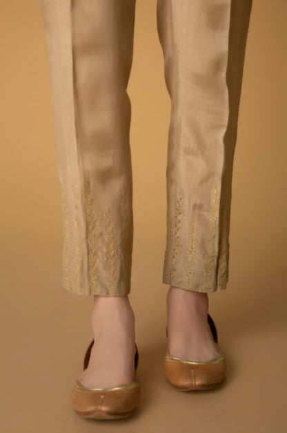 Emberoidered Rawsilk Cigarette Pants - Golden
