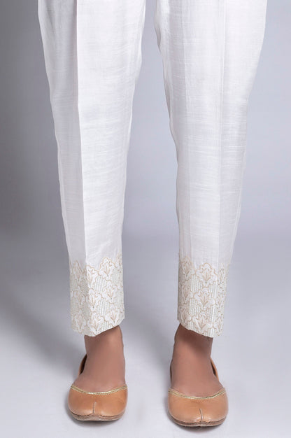 Embroidered Raw Silk Pants - White