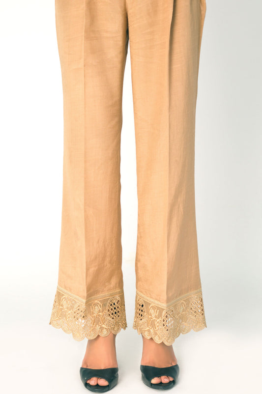 Embroidered Raw Silk Palazzo Pants - Beige