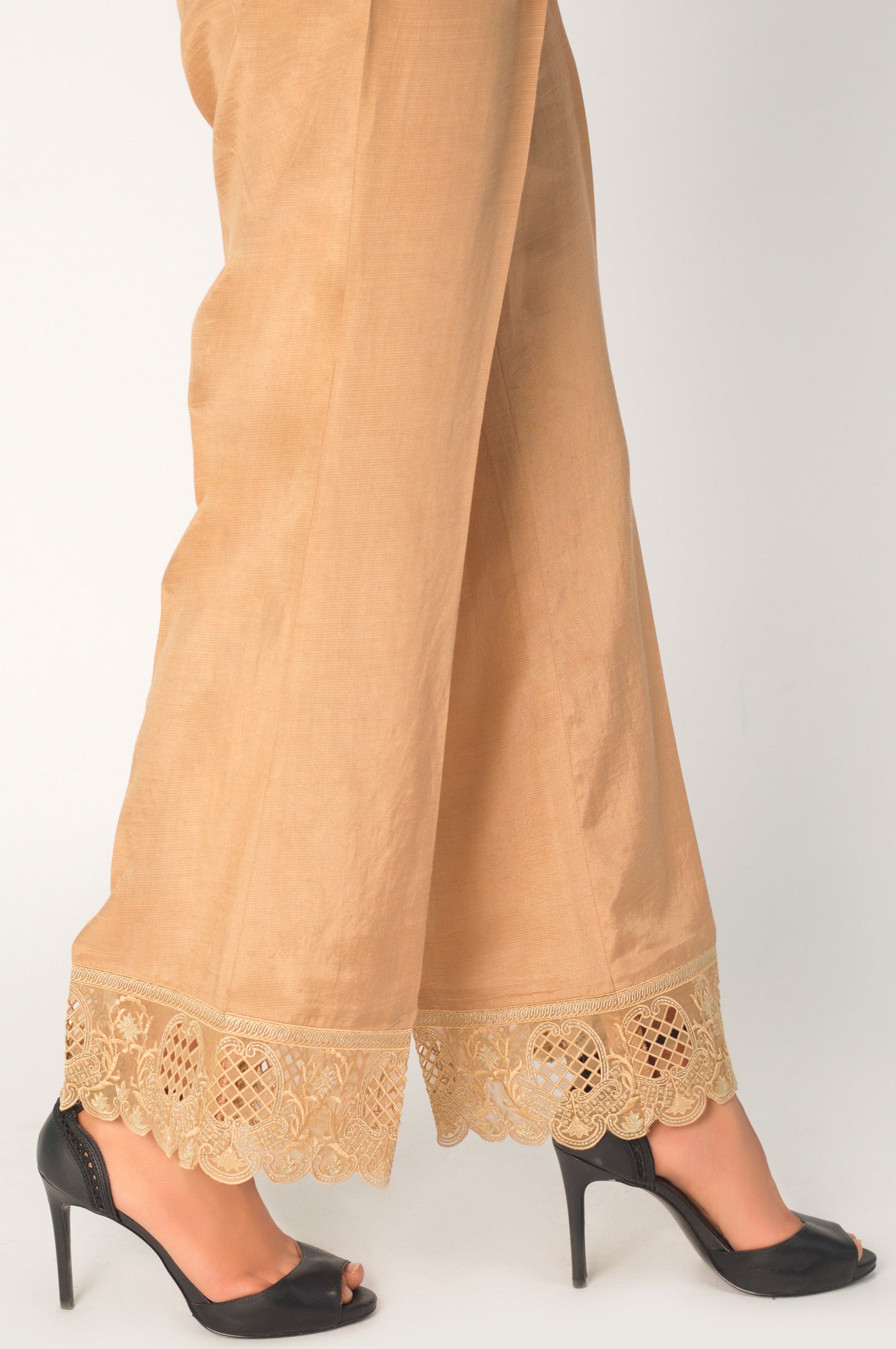 Embroidered Raw Silk Palazzo Pants - Beige