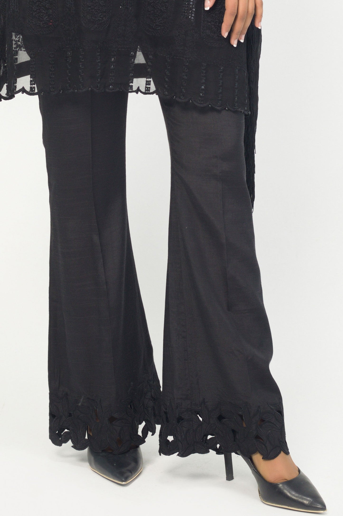 Embroidered Raw Silk Plazzo Pants - Black