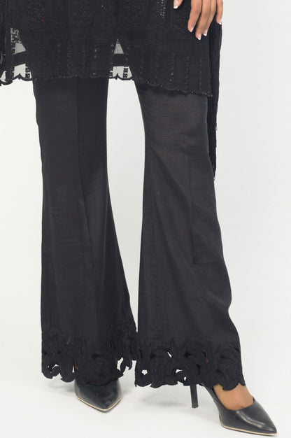 Embroidered Raw Silk Plazzo Pants - Black