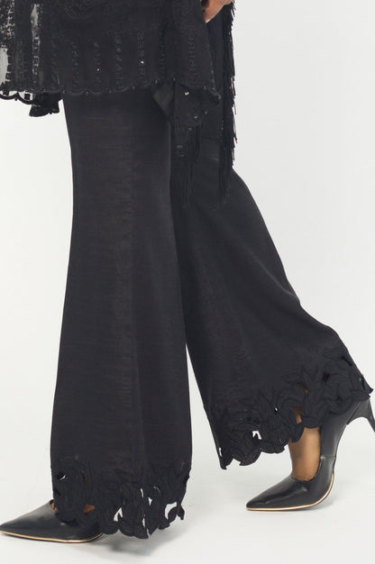 Embroidered Raw Silk Plazzo Pants - Black