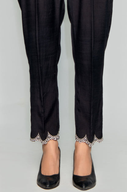 Embroidered Raw Silk Pants - Black