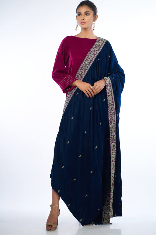 Velvet Embroidered Shawl - Peacock