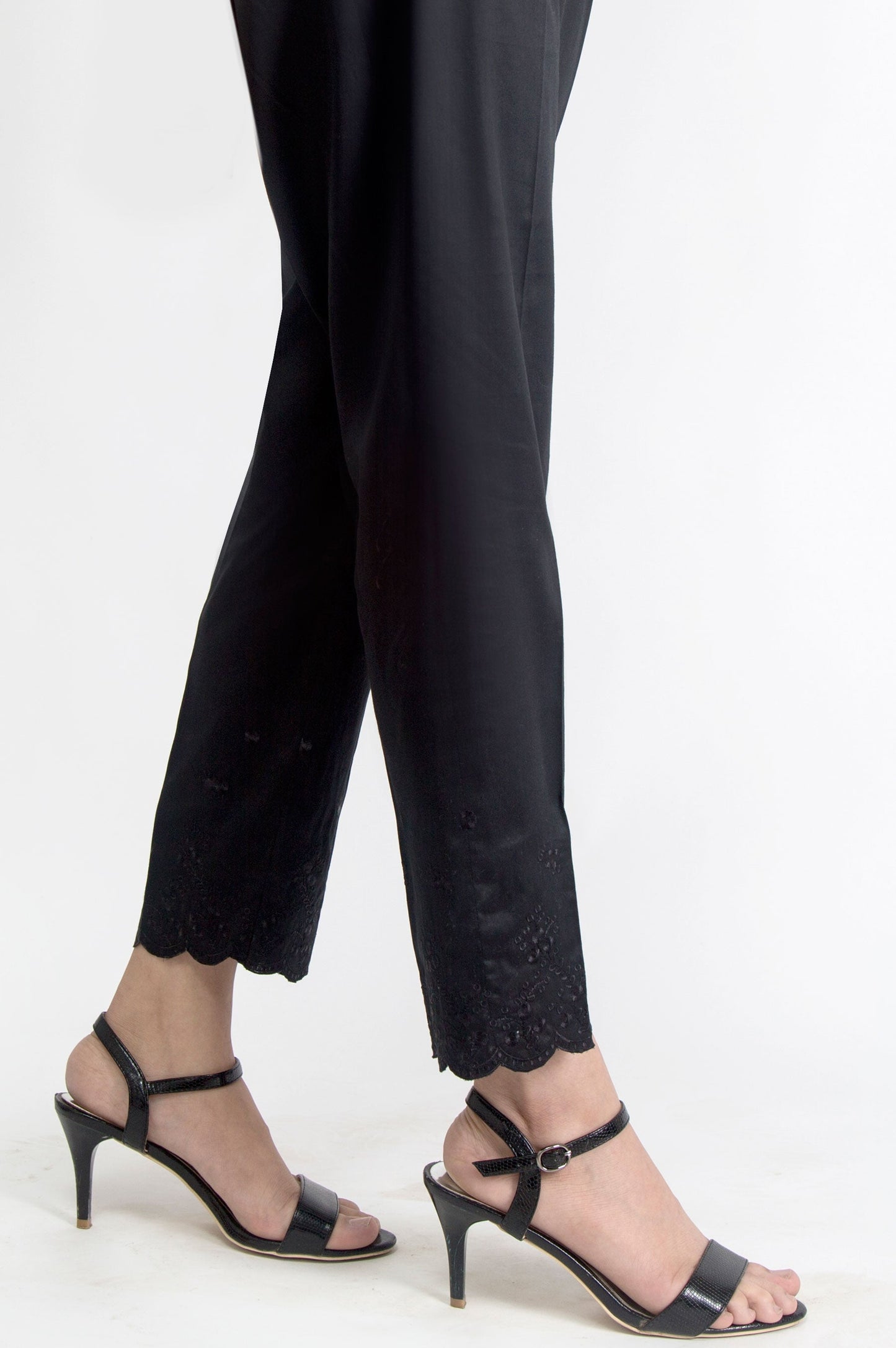 Embroidered Cotton Satin Pants - Black