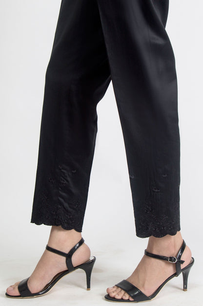 Embroidered Cotton Satin Pants - Black