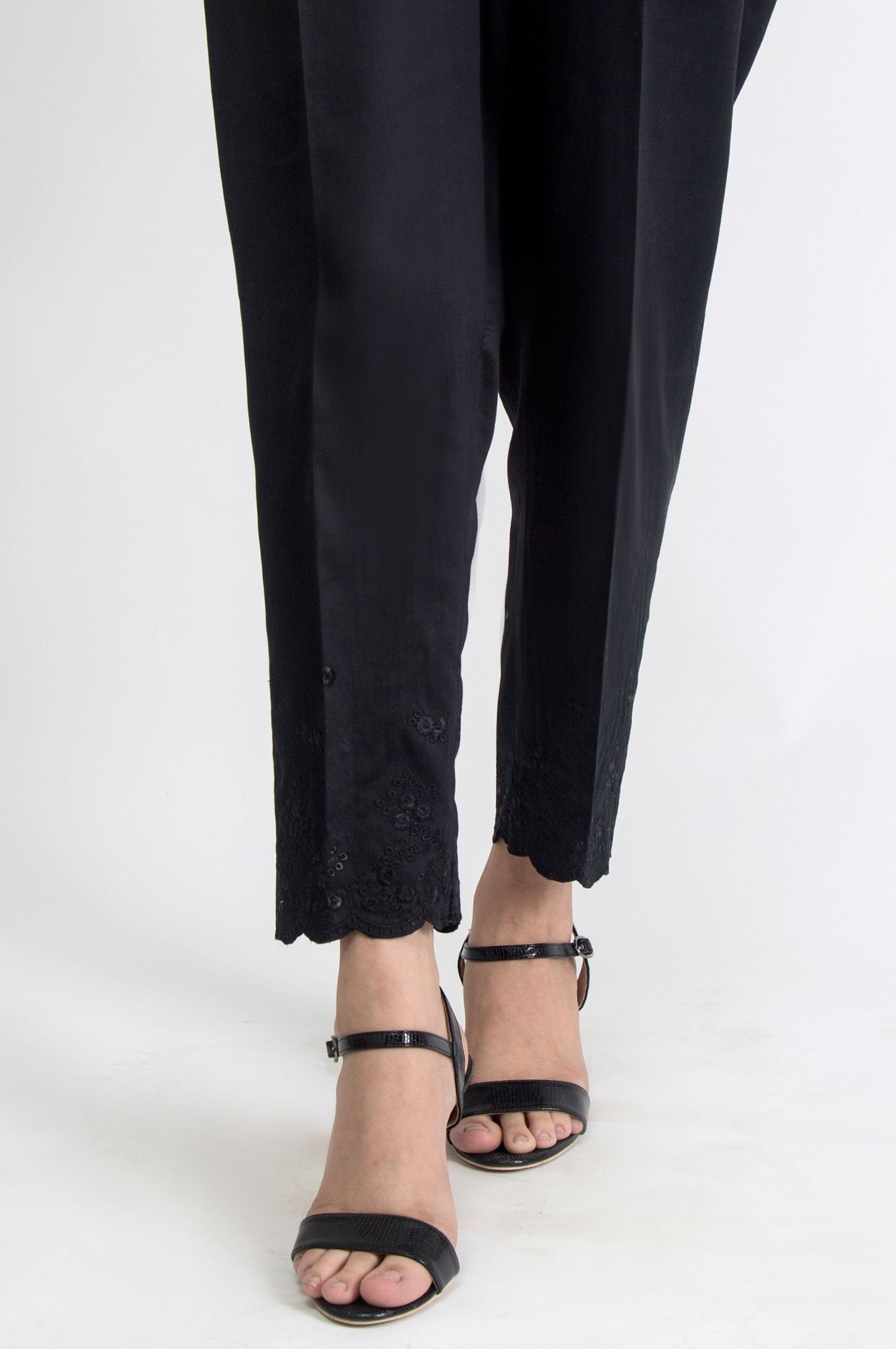 Embroidered Cotton Satin Pants - Black