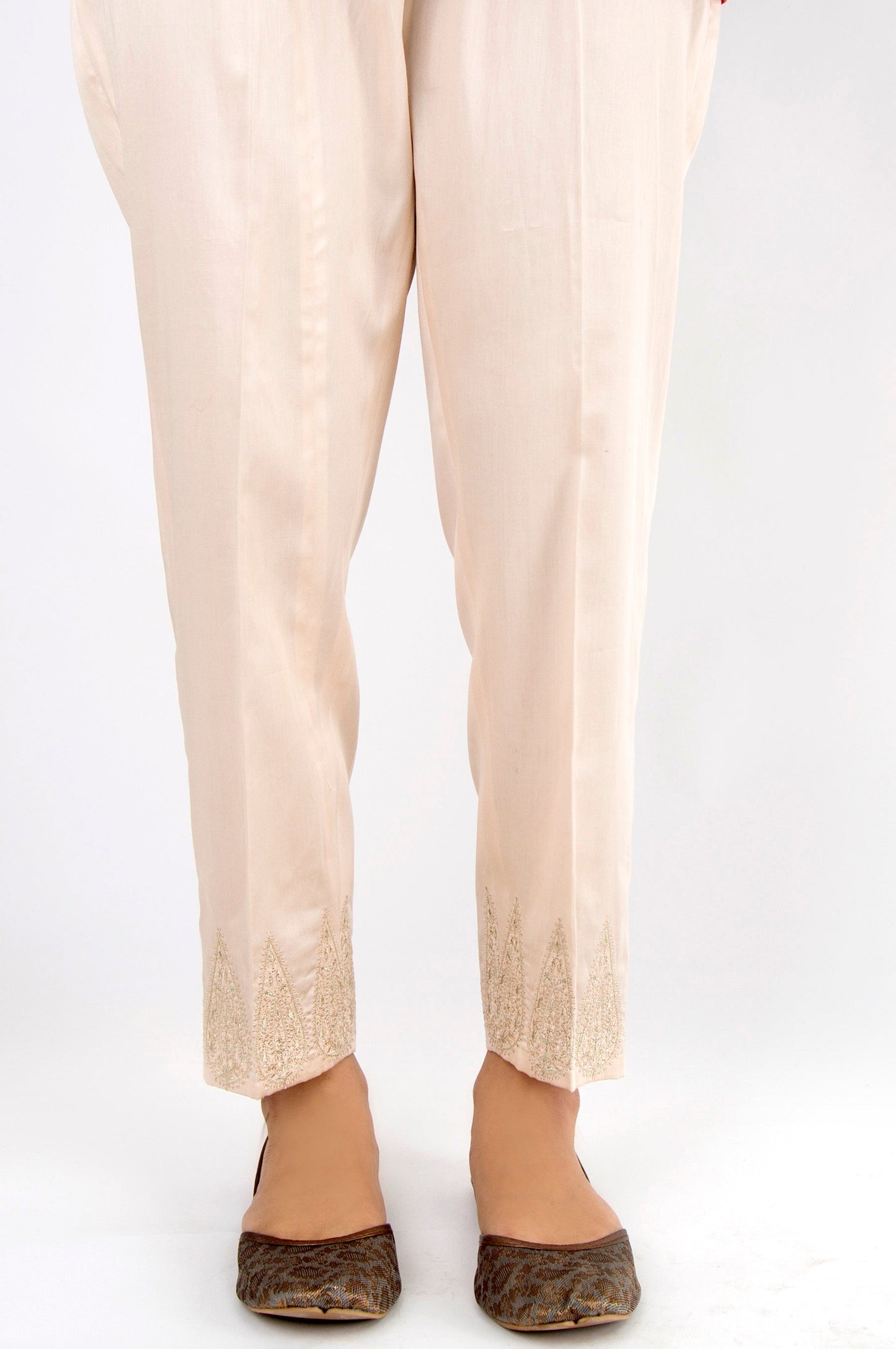 Embroidered Cotton Satin Pants - Beige