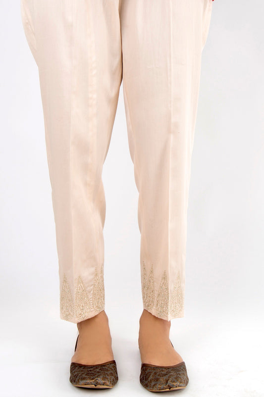 Embroidered Cotton Satin Pants - Beige