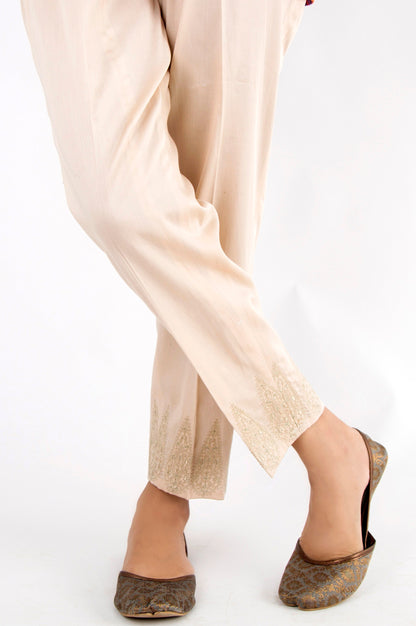 Embroidered Cotton Satin Pants - Beige
