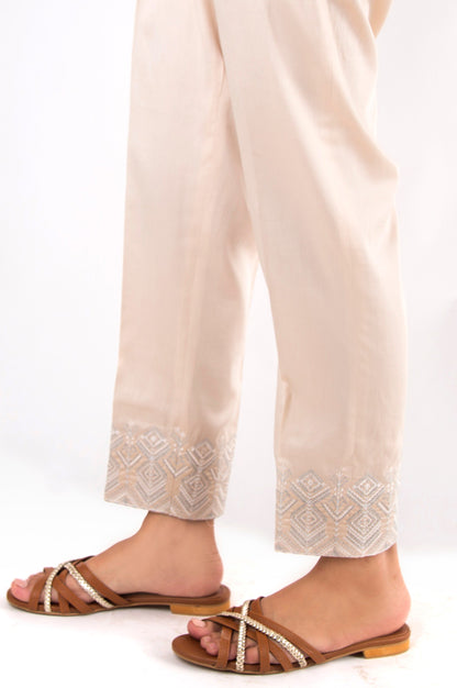 Embroidered Cotton Satin Pants - Beige