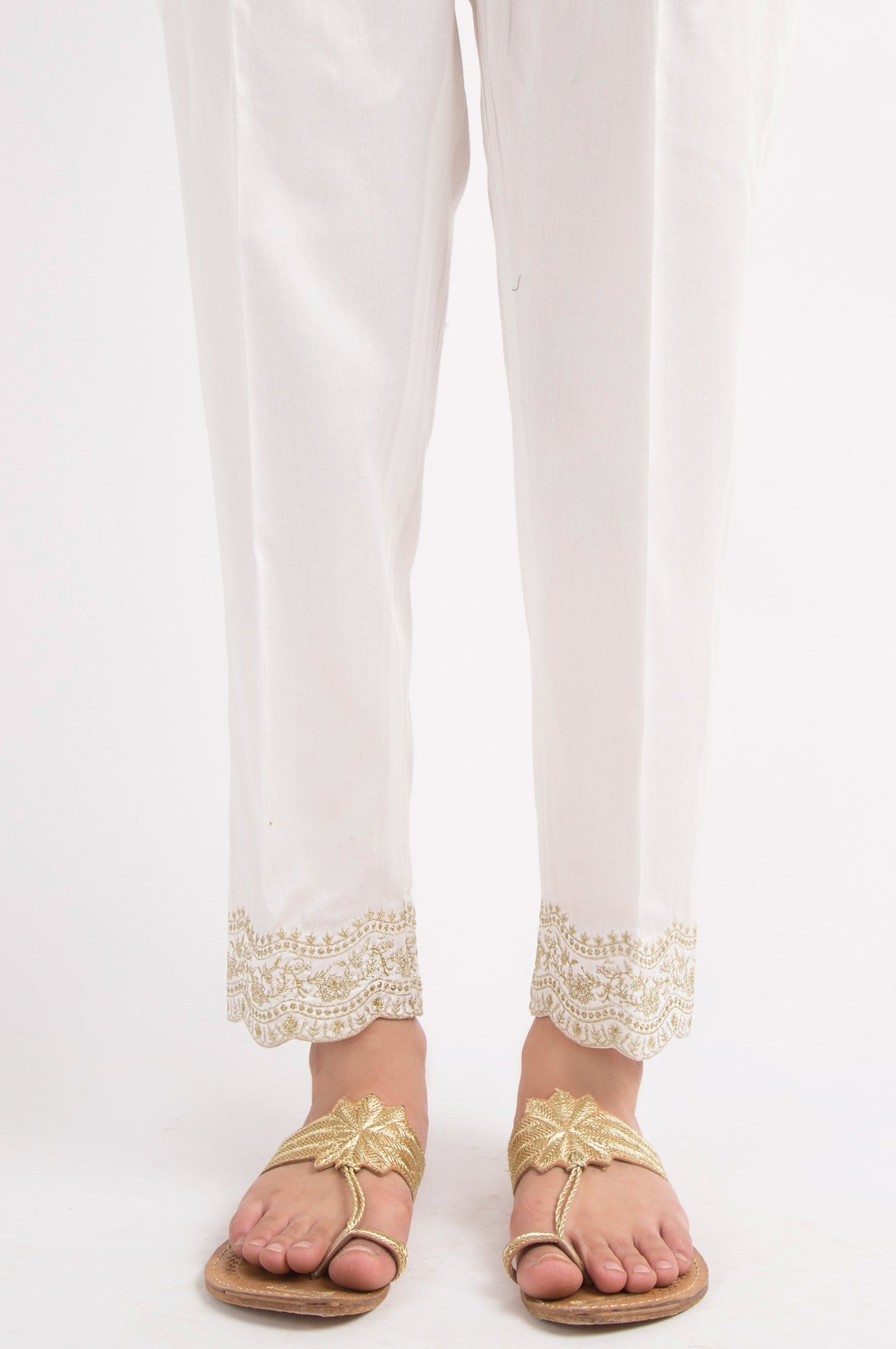 Embroidered Cotton Satin Pants - White