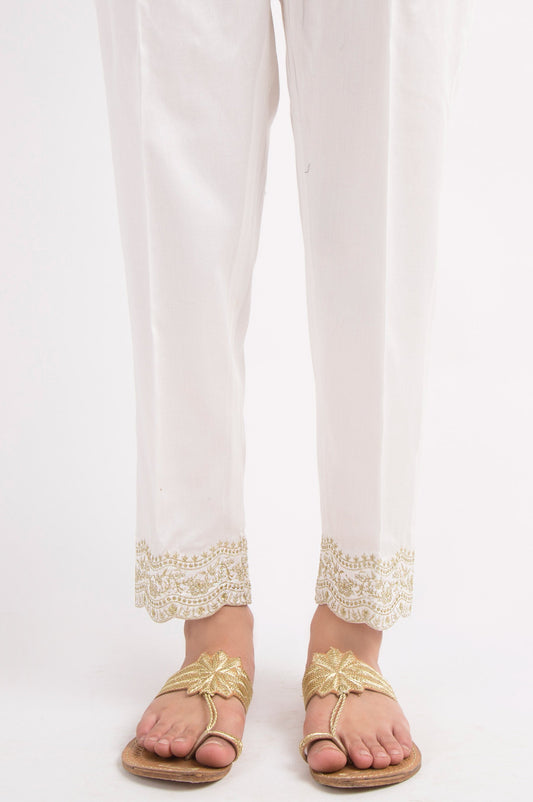 Embroidered Cotton Satin Pants - White