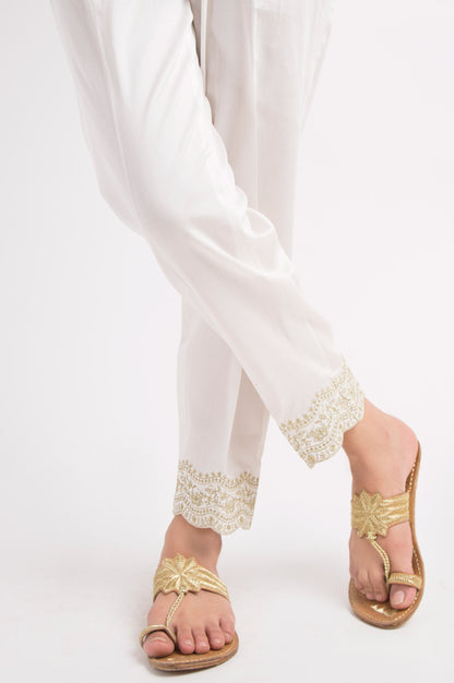 Embroidered Cotton Satin Pants - White