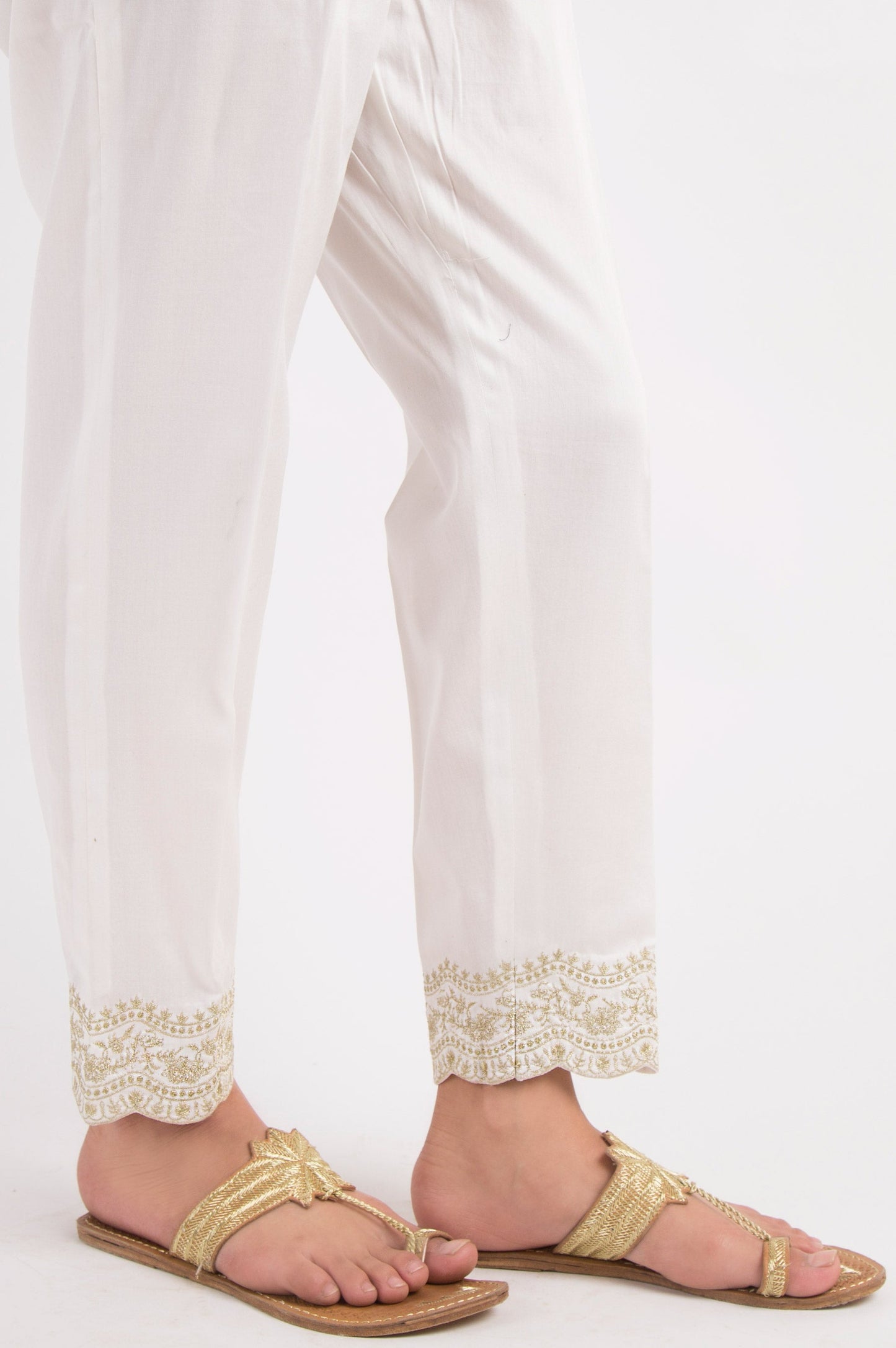 Embroidered Cotton Satin Pants - White