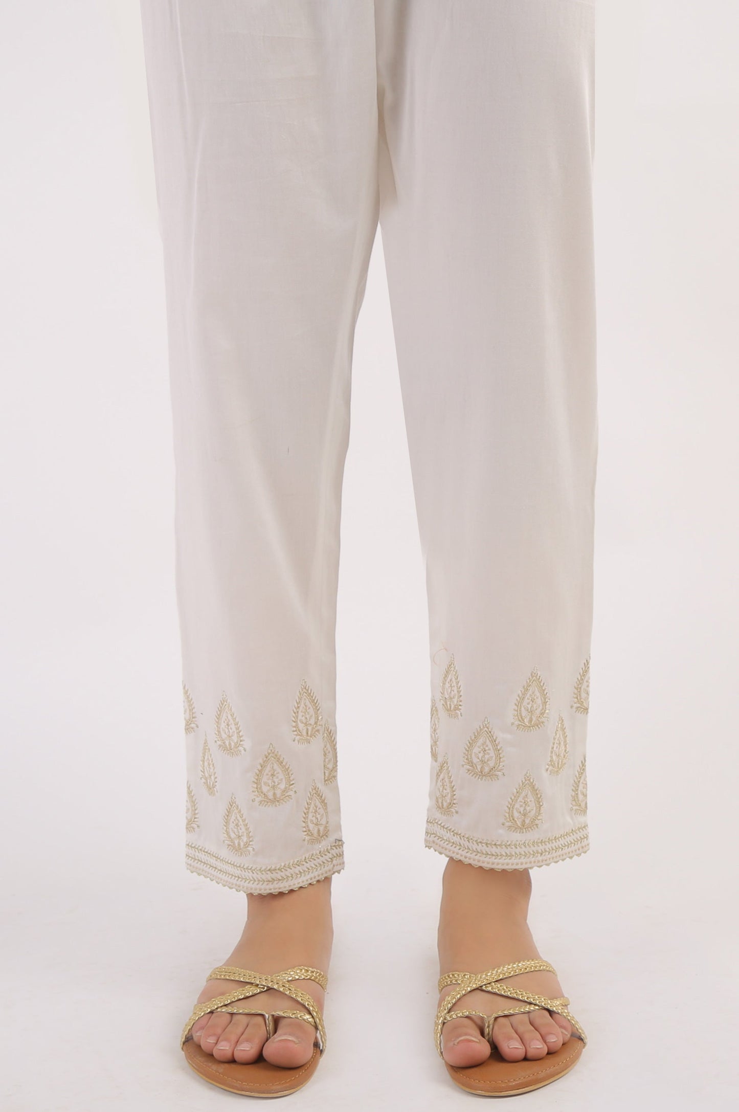 Cotton Satin Embroidered Cigarette Pants - White