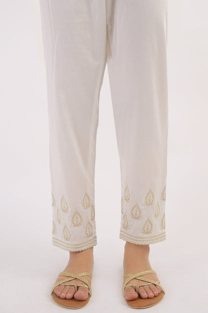 Cotton Satin Embroidered Cigarette Pants - White
