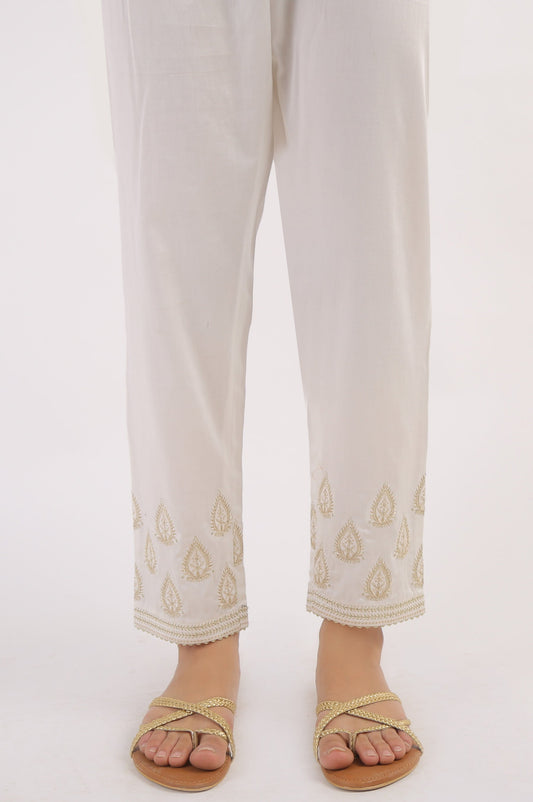 Cotton Satin Embroidered Cigarette Pants - White
