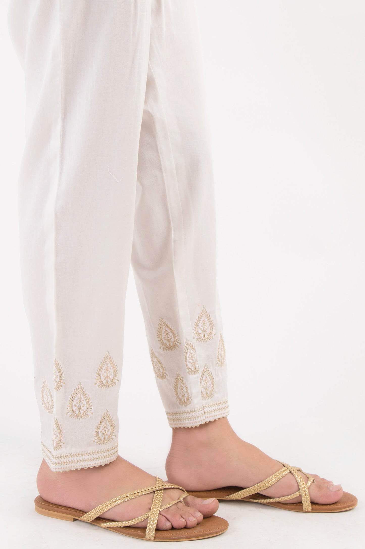 Cotton Satin Embroidered Cigarette Pants - White