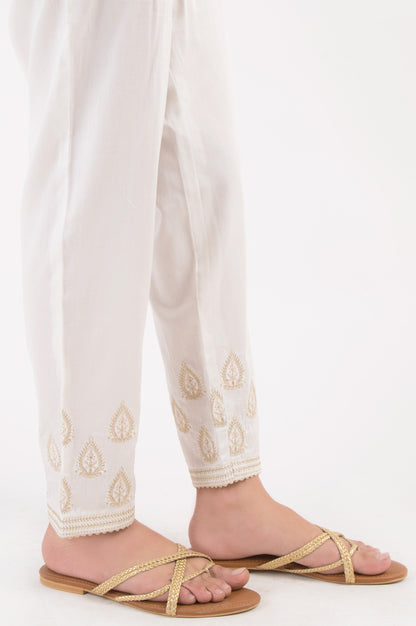 Cotton Satin Embroidered Cigarette Pants - White