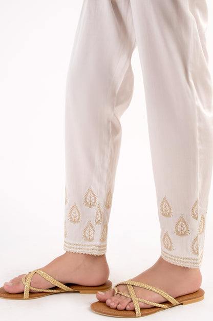 Cotton Satin Embroidered Cigarette Pants - White