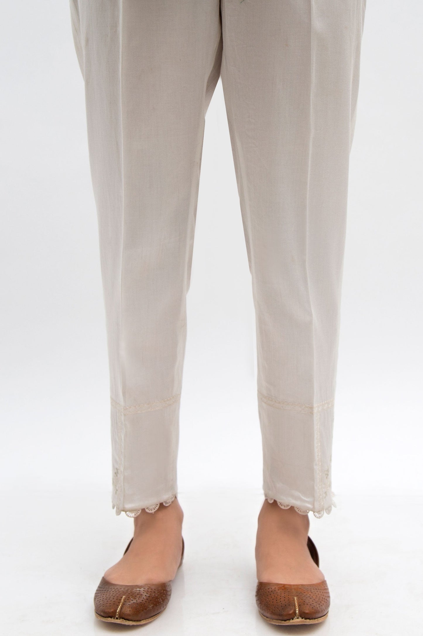 Embroidered Cotton Satin Cigarette Pants  - White