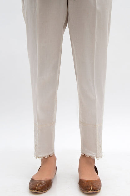 Embroidered Cotton Satin Cigarette Pants  - White