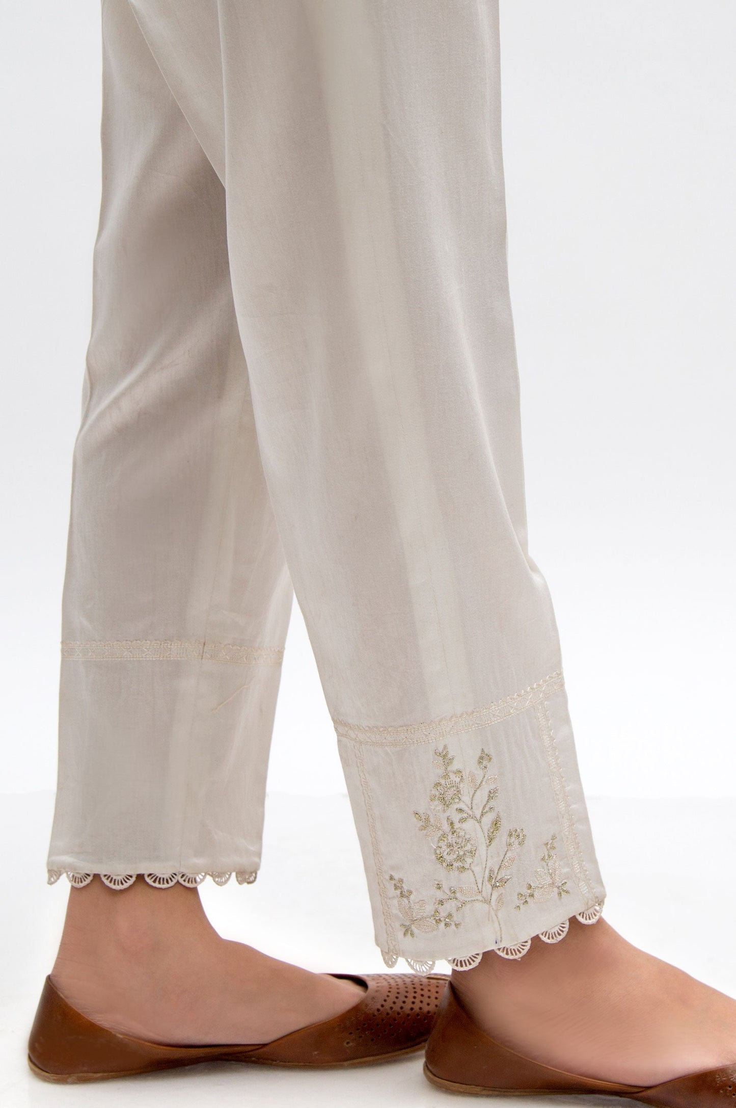 Embroidered Cotton Satin Cigarette Pants  - White