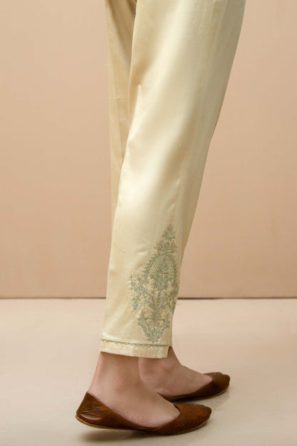 Embroidered Cotton Satin Cigarette Pants  - Beige