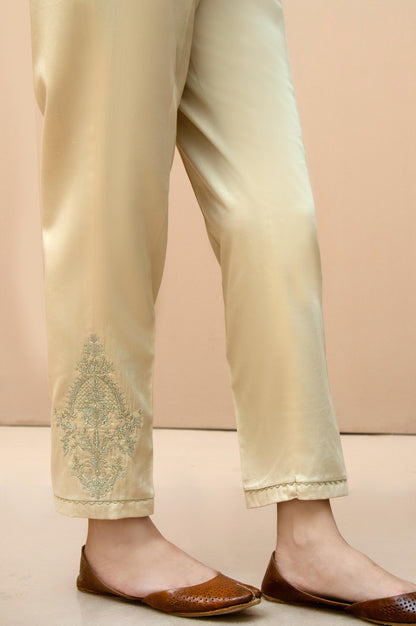 Embroidered Cotton Satin Cigarette Pants  - Beige