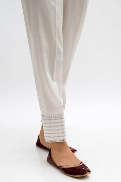 Embroidered Cotton Satin Cigarette Pants  - White