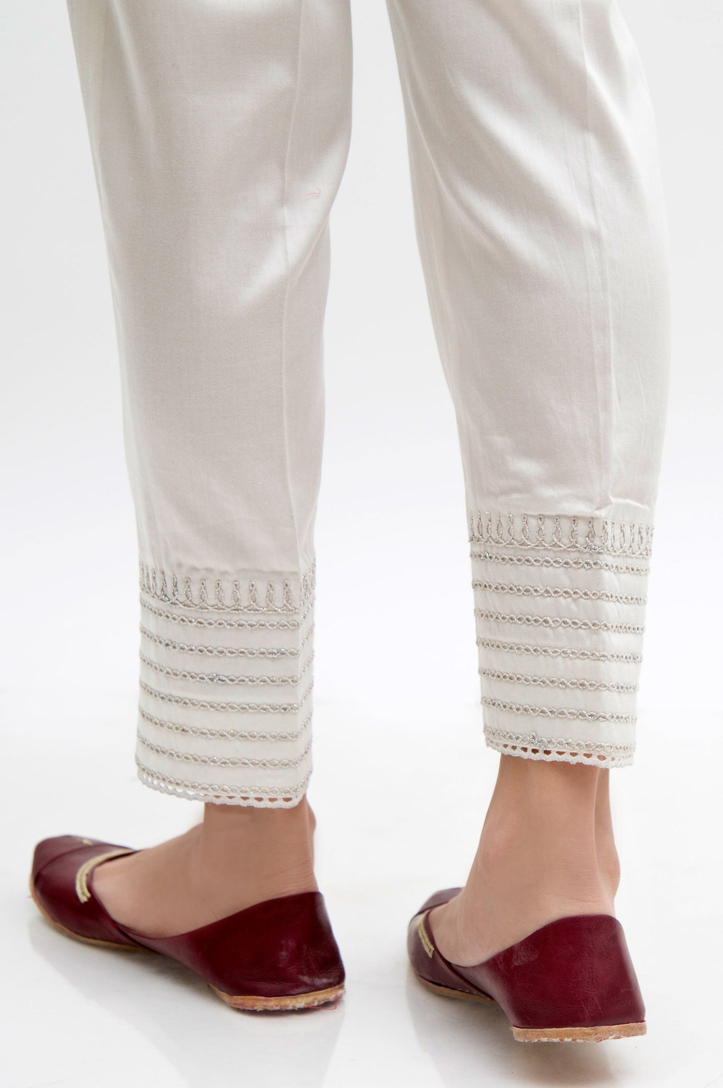 Embroidered Cotton Satin Cigarette Pants  - White