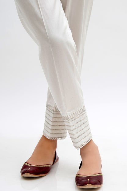 Embroidered Cotton Satin Cigarette Pants  - White